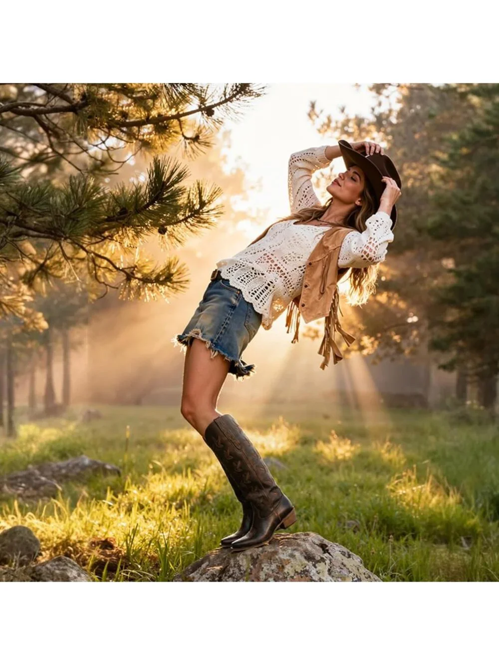 Women's Chocolate Knee High Cowgirl Boots Pointed Toe Slip On Chunky Heel